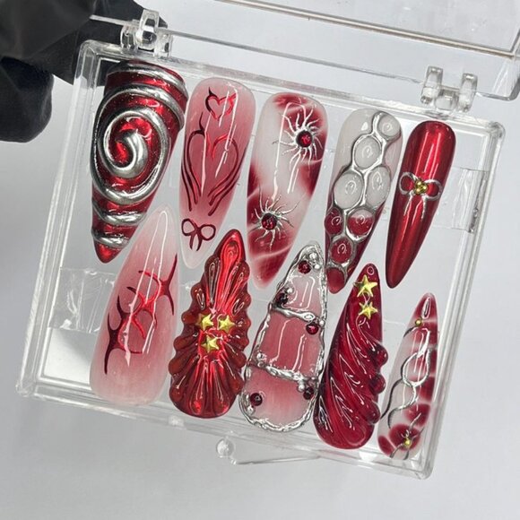 Other - Gothic Red White Chrome Press-On Nails | 3D Swirl Heart Star Stiletto Set